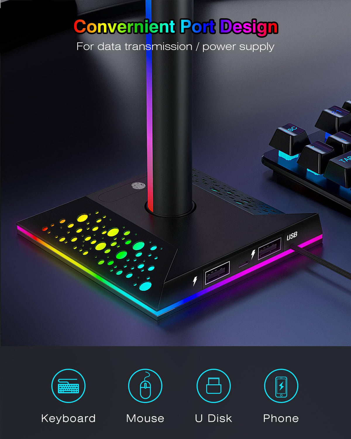 RGB Headphone Stand with Dual USB Charging Ports