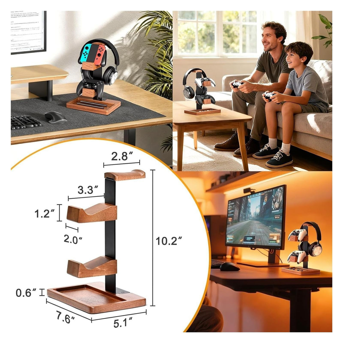Wooden Headset & Controller Stand with Storage Base