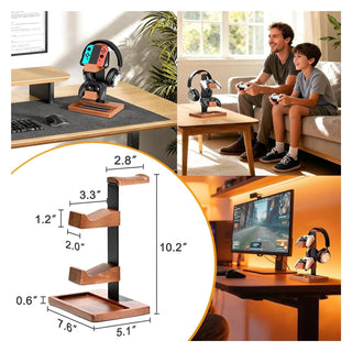 Wooden Headset & Controller Stand with Storage Base