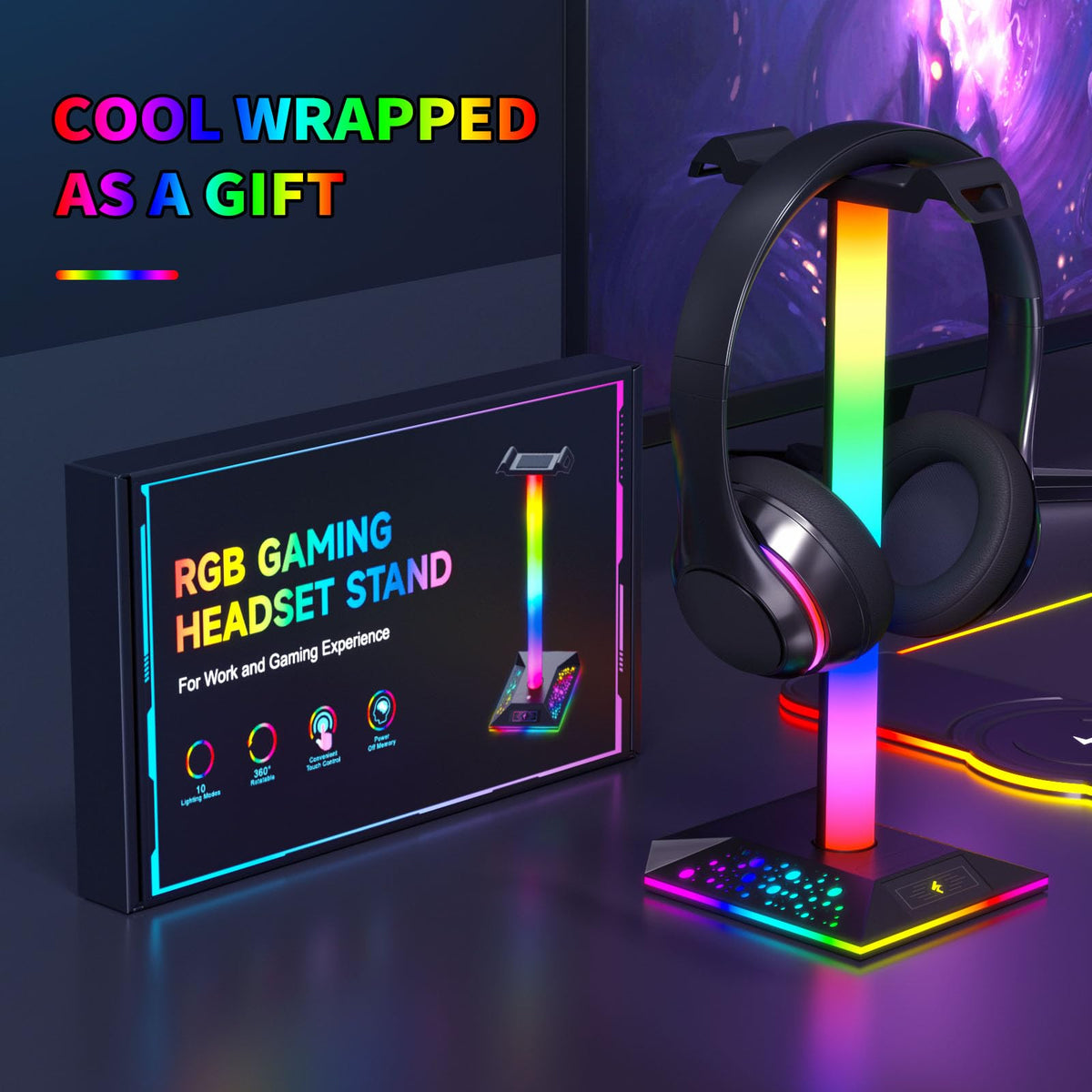 RGB Headphone Stand with Dual USB Charging Ports