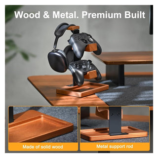 Wooden Headset & Controller Stand with Storage Base