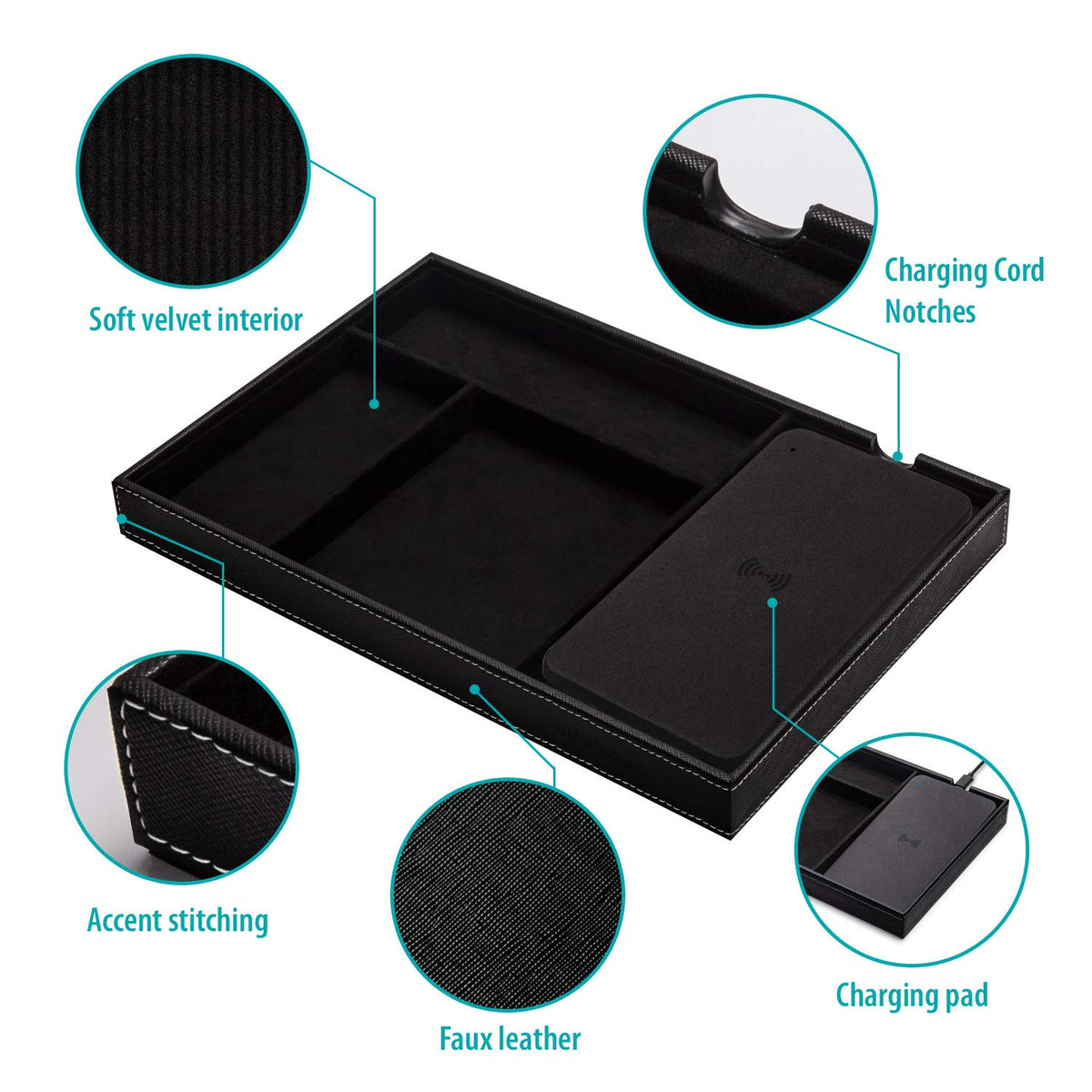 Valet Tray, Built in Wireless Charging Pad, Nightstand Organizer
