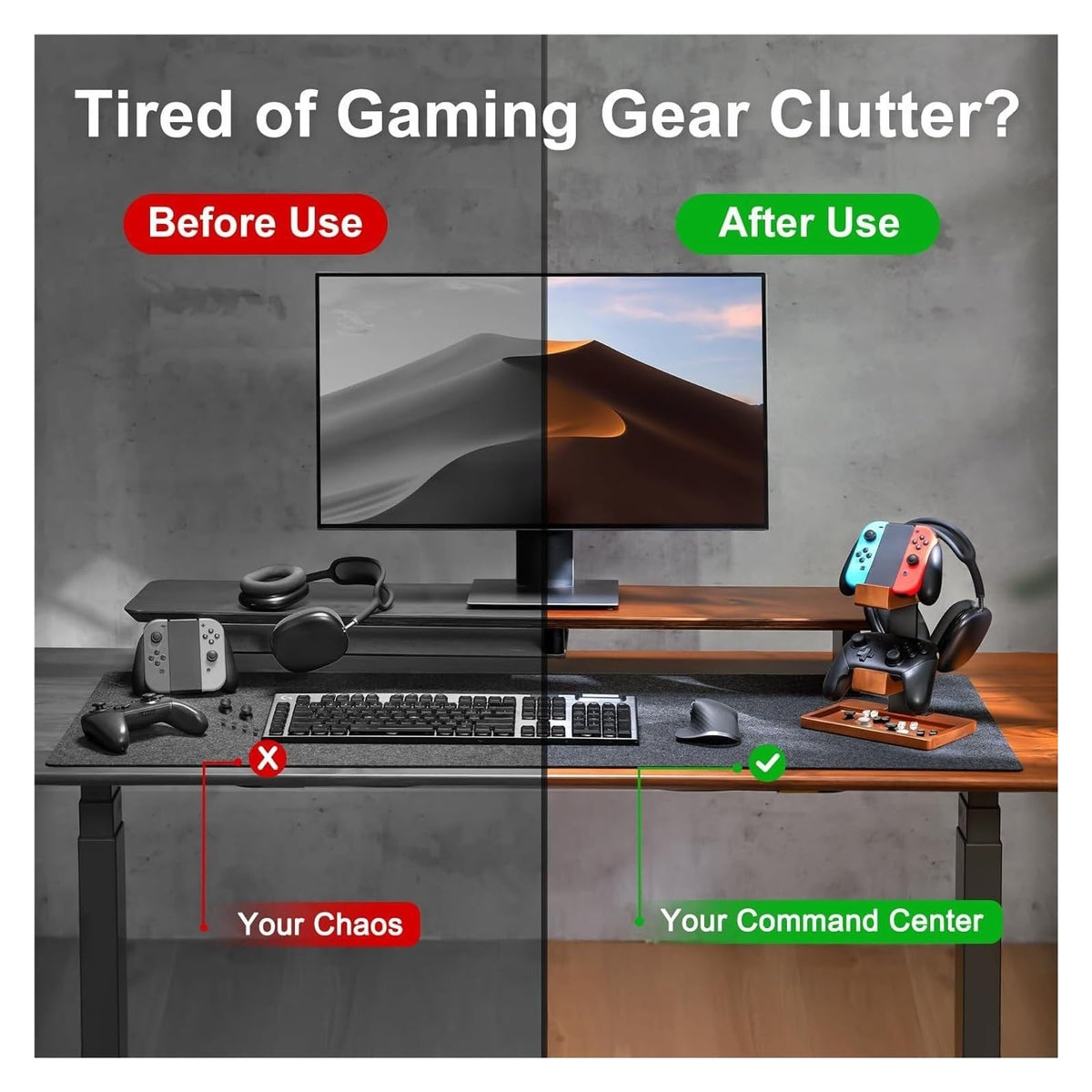 Wooden Headset & Controller Stand with Storage Base