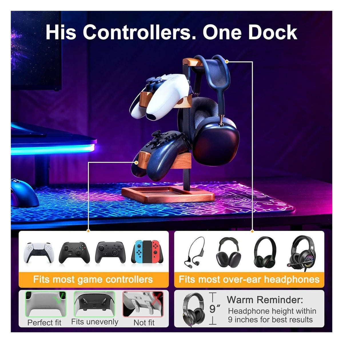 Wooden Headset & Controller Stand with Storage Base