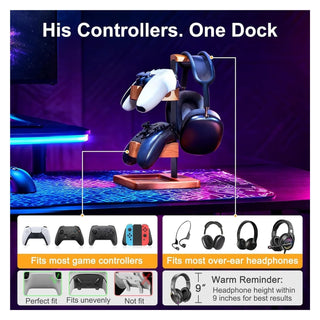 Wooden Headset & Controller Stand with Storage Base