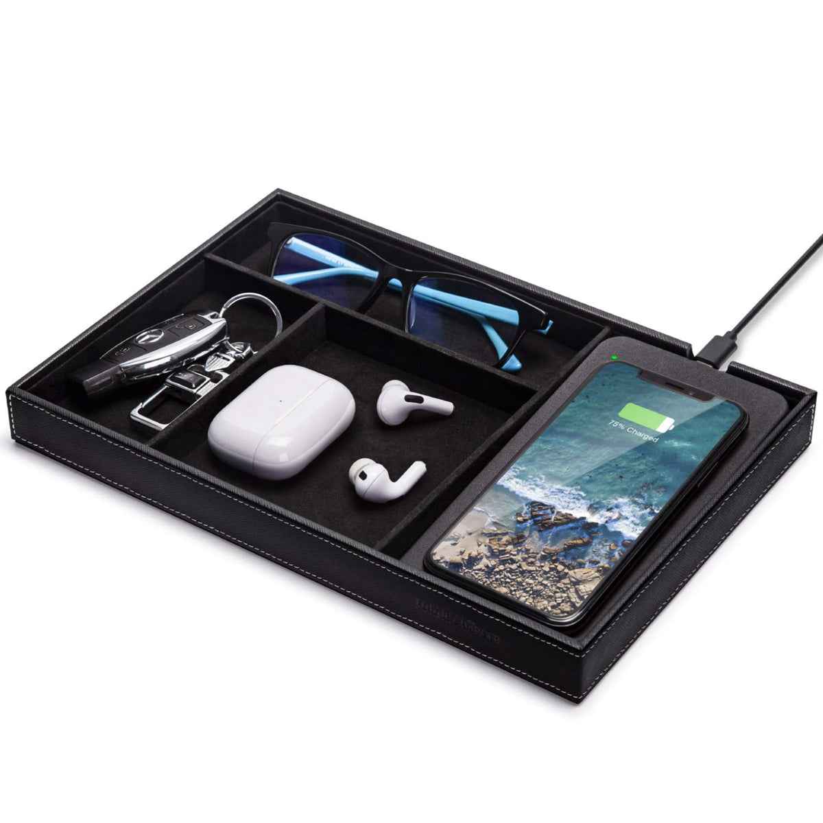 Valet Tray, Built in Wireless Charging Pad, Nightstand Organizer