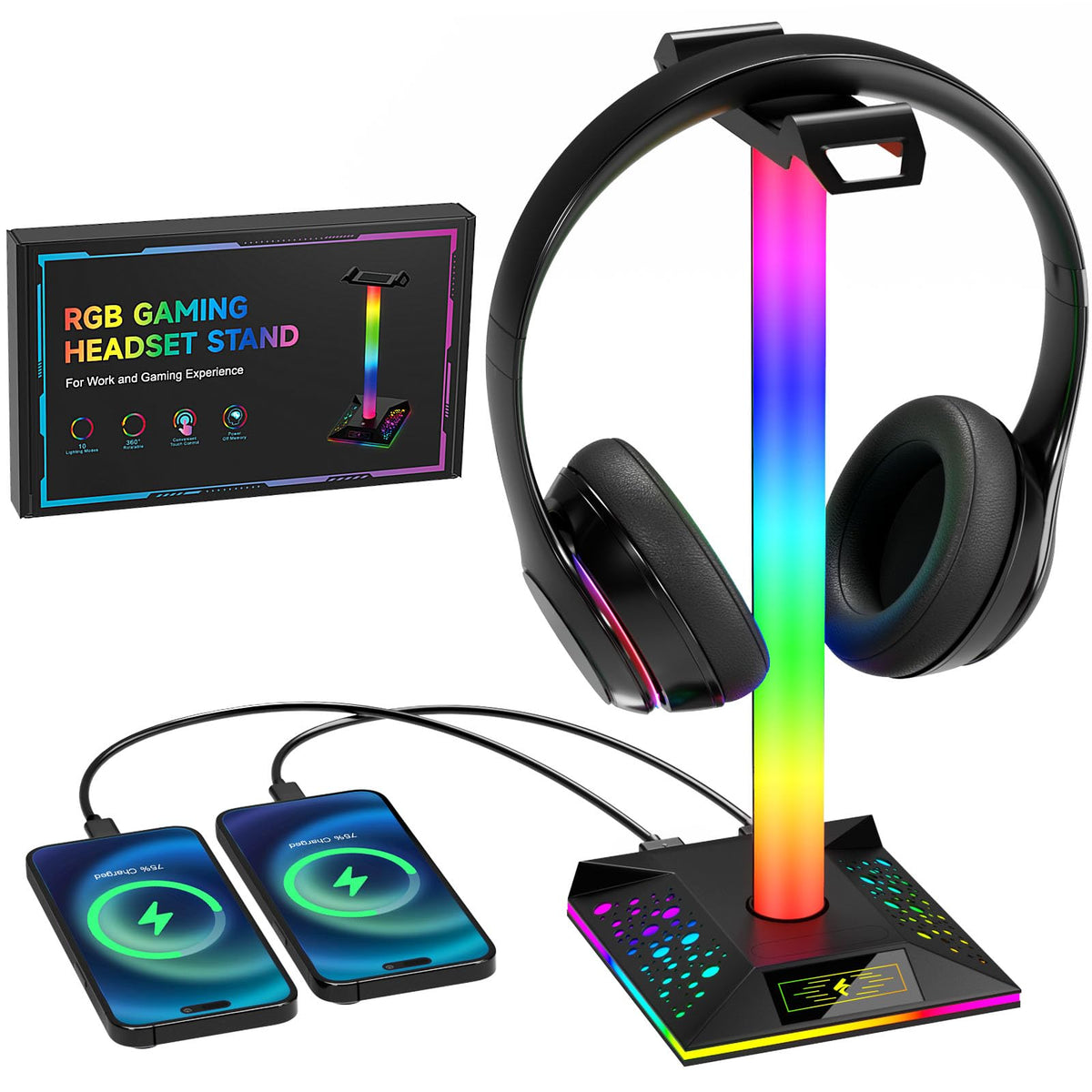 RGB Headphone Stand with Dual USB Charging Ports