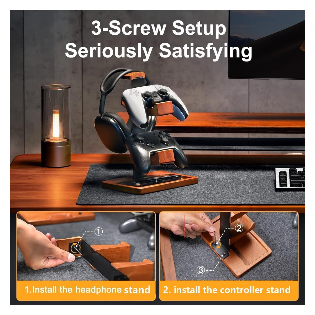 Wooden Headset & Controller Stand with Storage Base