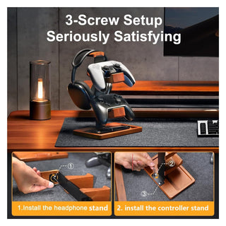 Wooden Headset & Controller Stand with Storage Base